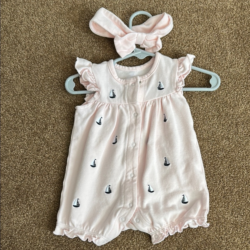 Pink Sailboat Print Baby Romper with Headband